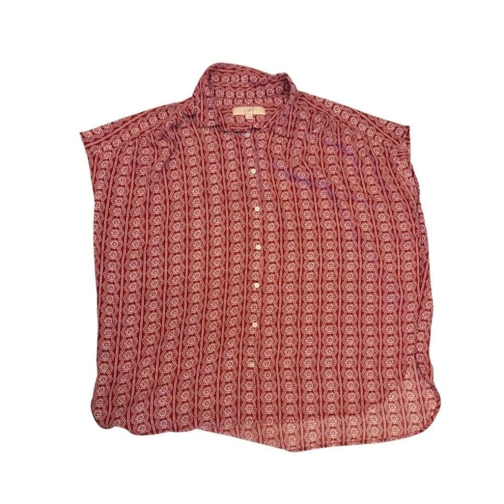 Loft Boho Geometric Print Button Down Shirt XL Red White - Picture 2 of 6